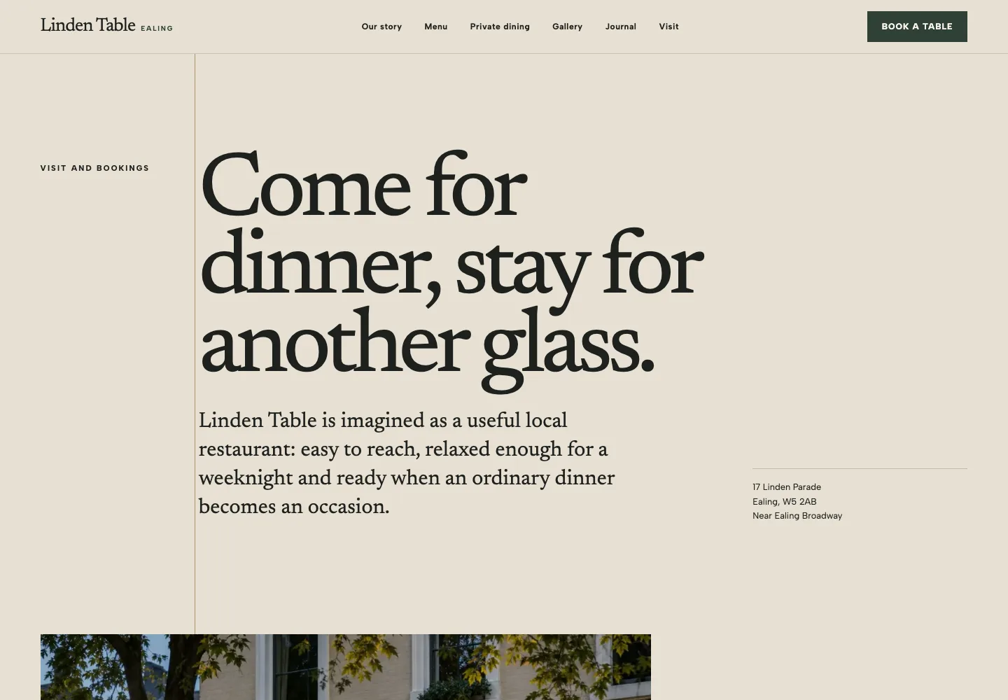 Contact and visit information on the fictional Linden Table website