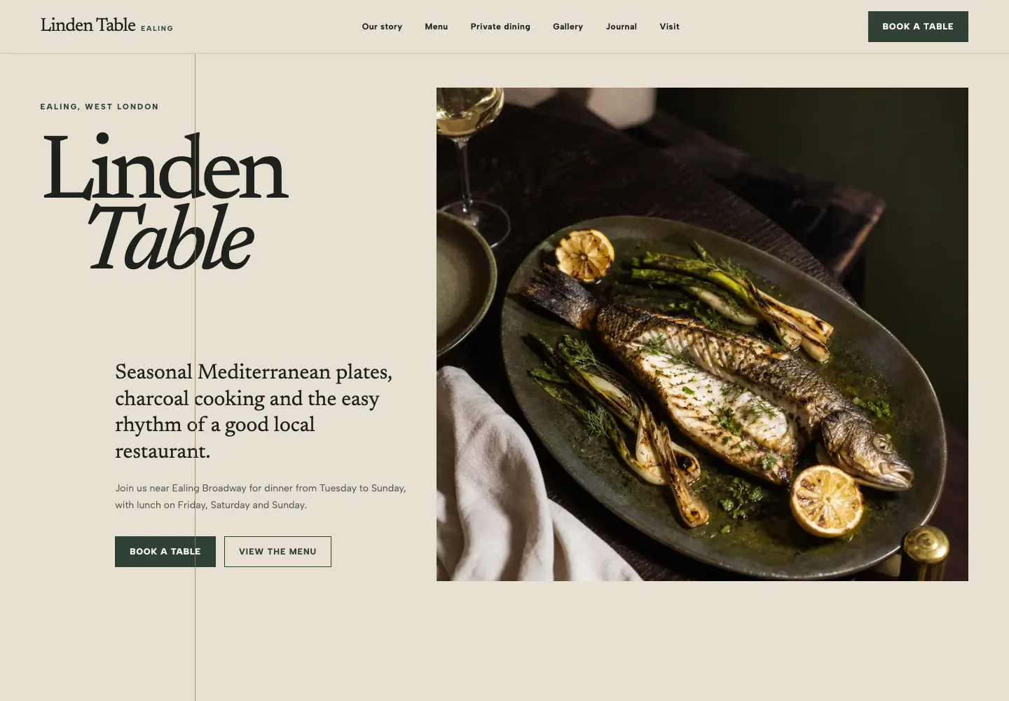 Linden Table fictional restaurant homepage on a wide screen