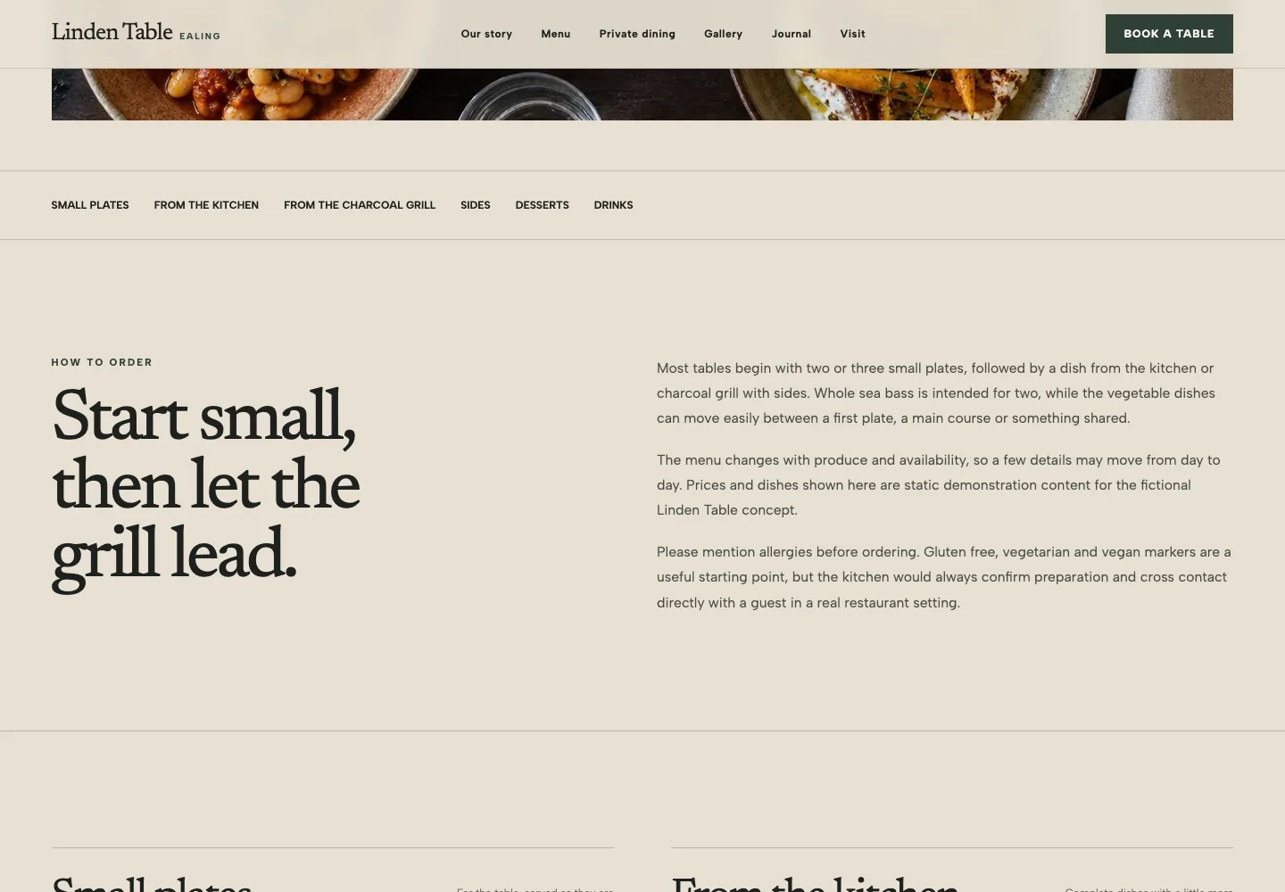 Structured menu on the fictional Linden Table website