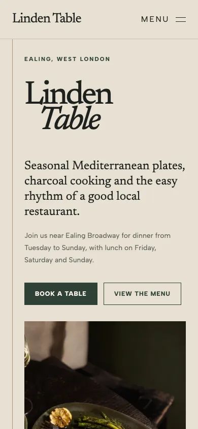 Linden Table fictional restaurant website at a mobile viewport