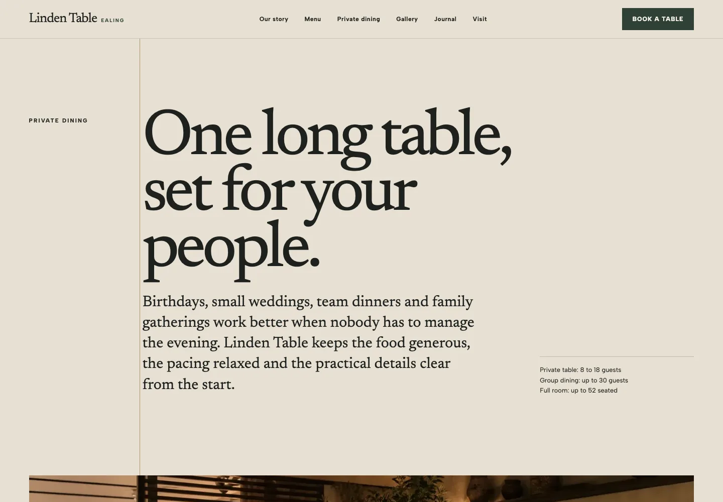 Private dining information on the fictional Linden Table website