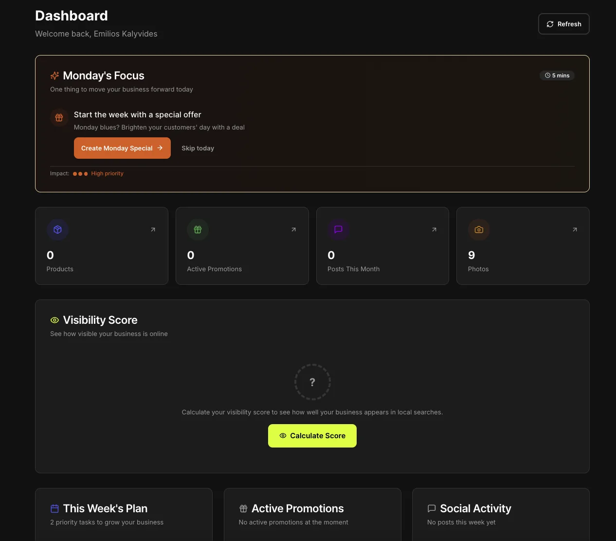 Local Brand Hub dashboard with daily focus and activity totals