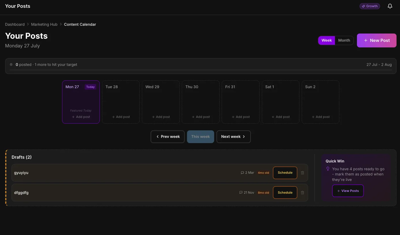 Local Brand Hub content calendar showing scheduled days and draft posts