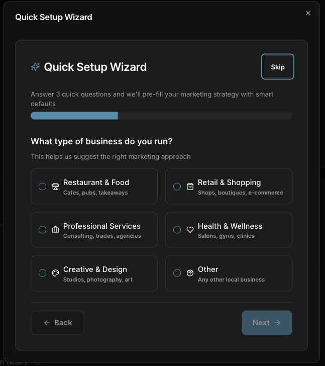Local Brand Hub quick setup wizard asking the user to select their business type