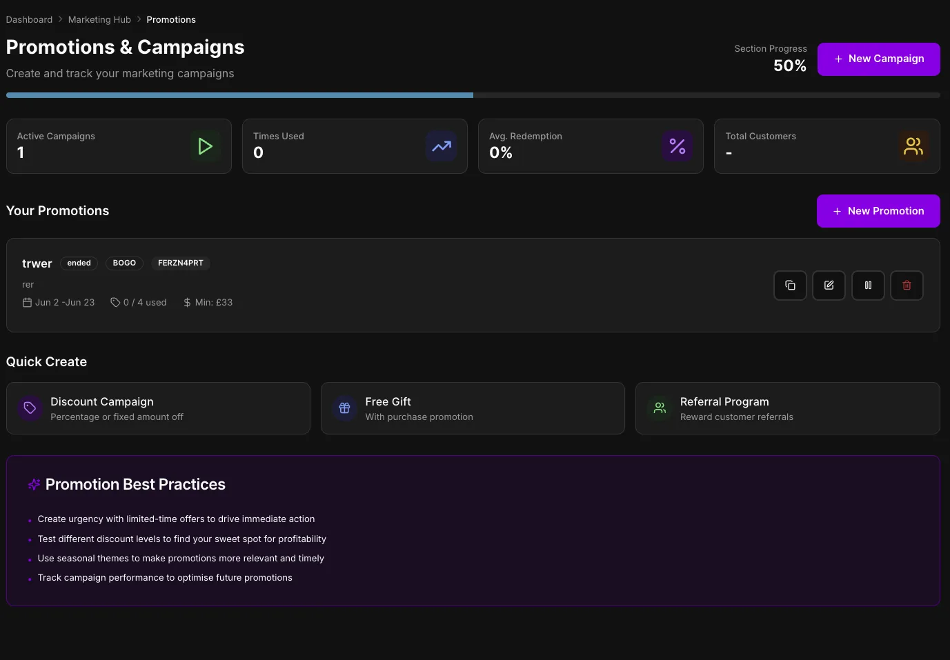 Local Brand Hub promotions and campaigns screen with campaign controls and promotion templates