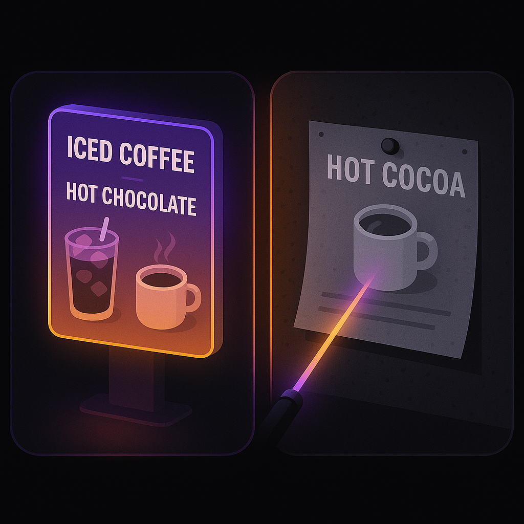 AI adaptive café ad switching products versus fixed traditional printed flyer